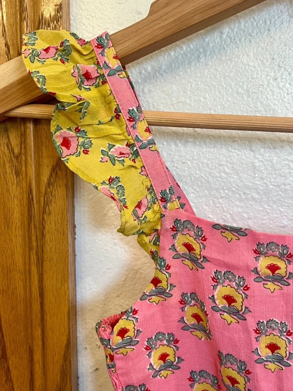 Mini Boden Handkerchief Hem Sleeveless Dress Yellow Pink Floral Print Girls 5-6Y